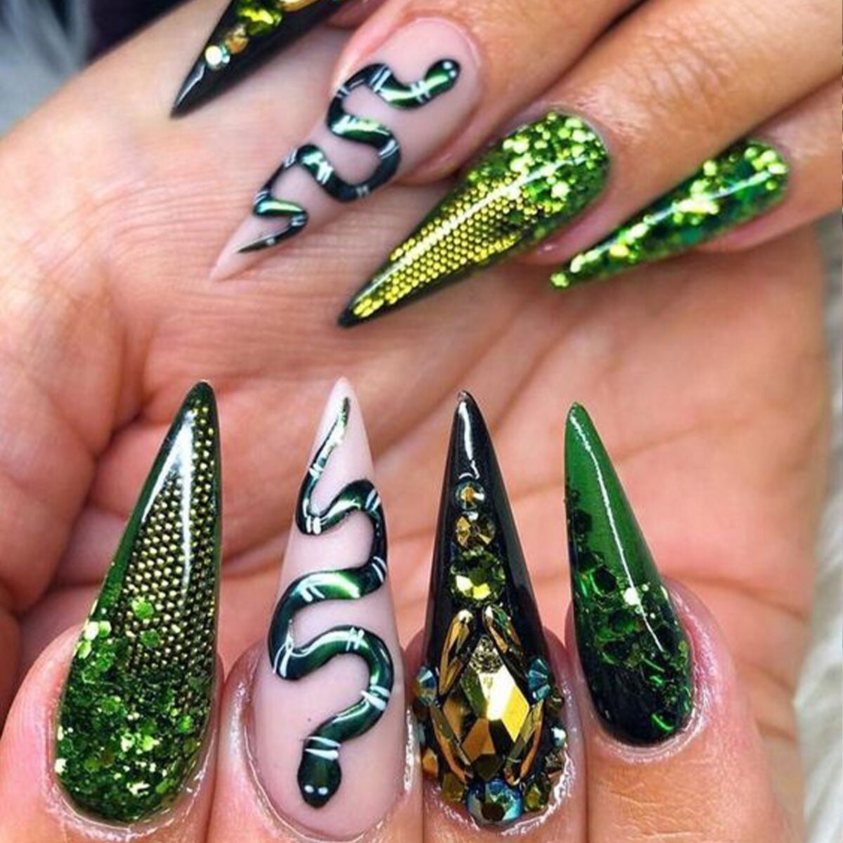 Mystical Forest Long Stiletto Press On Nail Set Green with Glitter and Snake Design