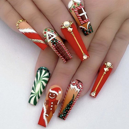 Festive Holiday Glam Long Coffin Red Green and Brown Press On Nail Set with Christmas Character and Glitter Accents