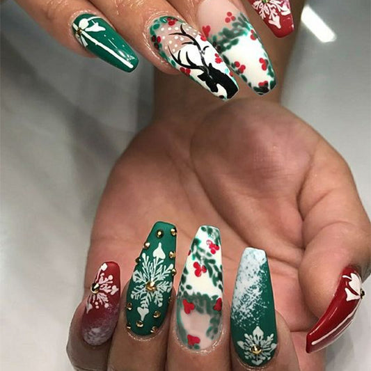 Holiday Wonderland Extra Long Coffin Shaped Green Red and White Press on Nail Set with Festive Winter Designs