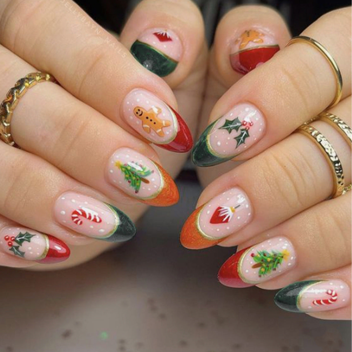 Festive Holiday Long Almond Green and Red Ombre Press On Nail Set with Gingerbread and Christmas Tree Designs