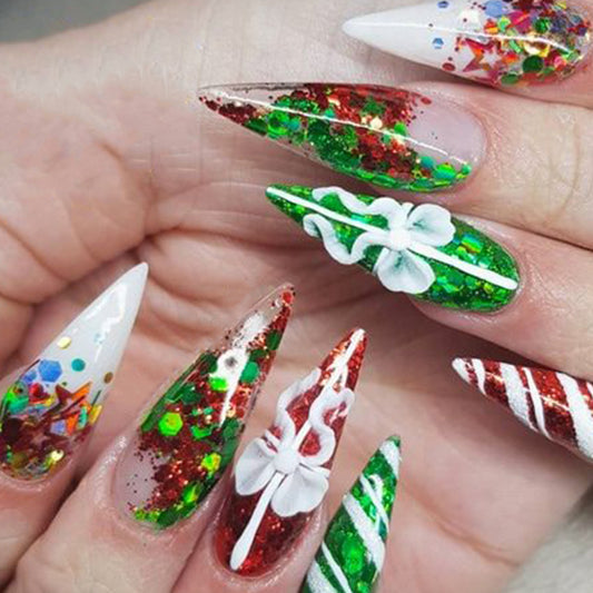 Holiday Wonderland Long Stiletto Shape Red and Green Glitter Press On Nail Set with Festive Bow Accents