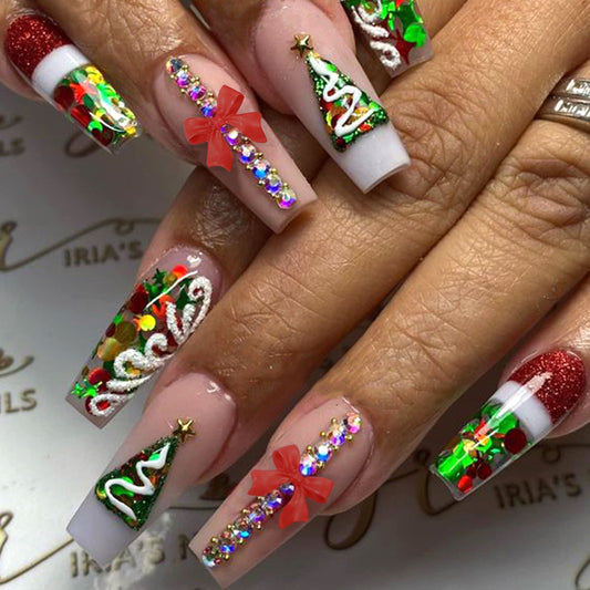 Festive Holiday Celebration Long Coffin Green Red and Gold Press On Nail Set with Glitter and Bow Accents