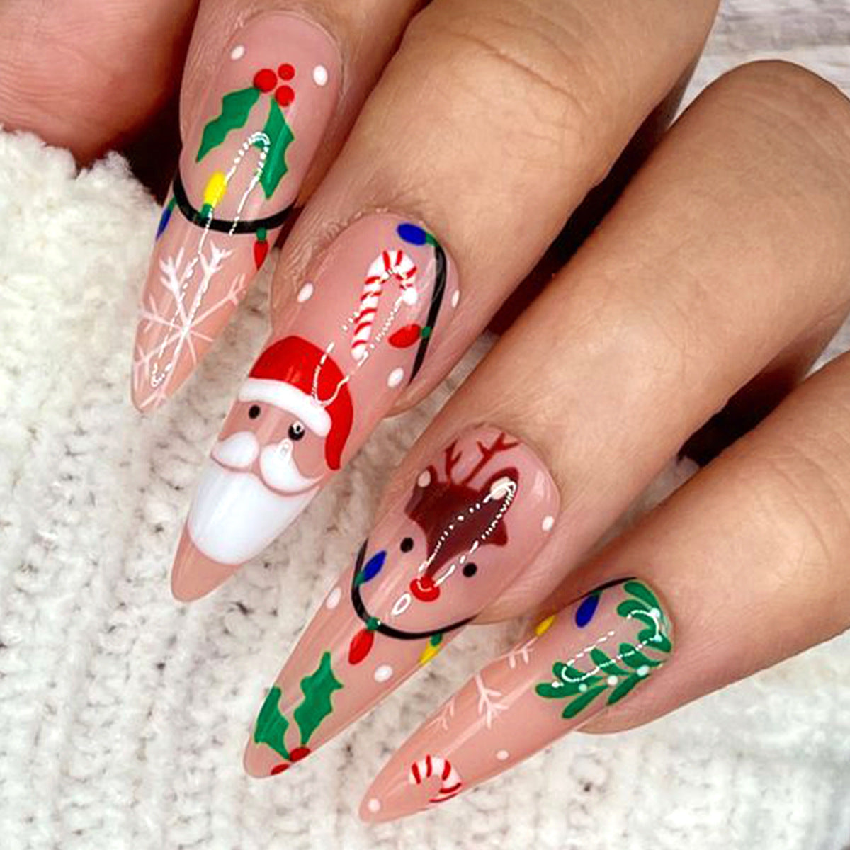 Festive Winter Wonderland Long Stiletto Christmas Press On Nail Set in Beige with Colorful Holiday Designs and 3D Santa and Reindeer Accents