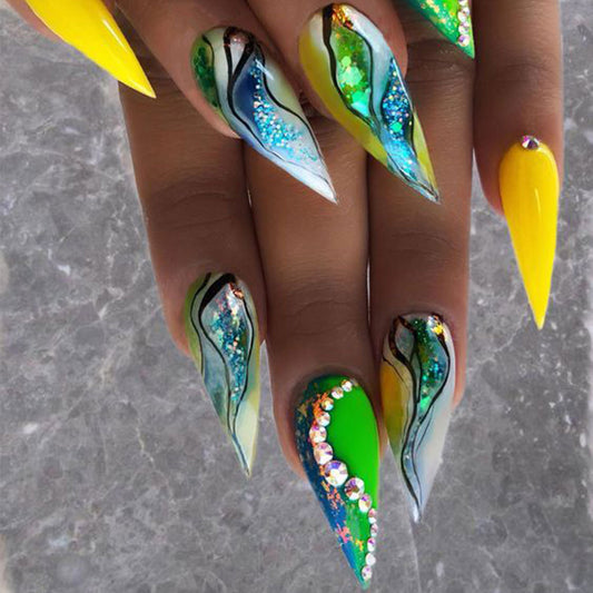 Tropical Vibes Long Stiletto Press On Nail Set Multicolored with Glittering Rhinestones