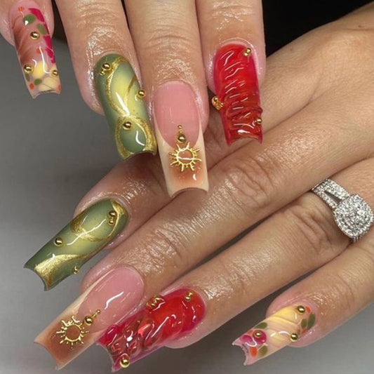 Bohemian Chic Long Square Shape Colorful Marble Art Press On Nail Set with Unique Gold Accents