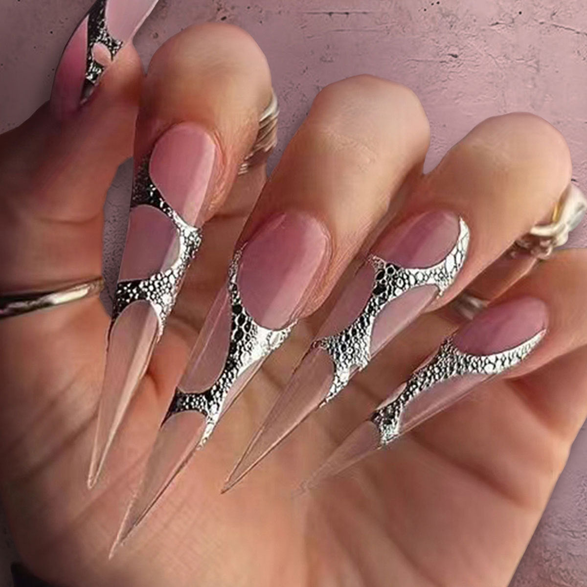 Gothic Chic Long Stiletto Press On Nails Clear Pink with Unique Metallic Cutout Design