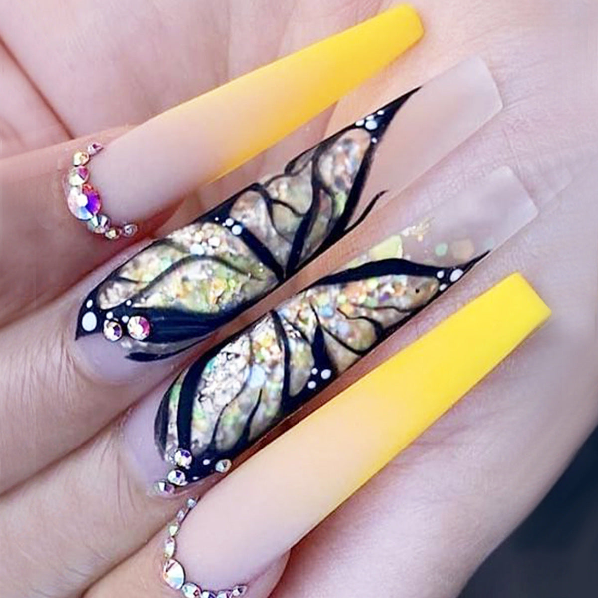 Golden Wings Long Coffin Yellow and Butterfly Design Press-On Nail Set