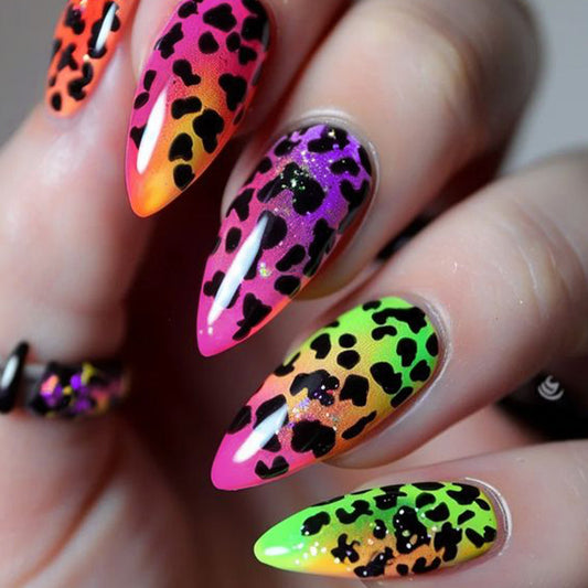 Fierce Wildcat Long Stiletto Neon Gradient Press On Nail Set with Glitter Leopard Print Design