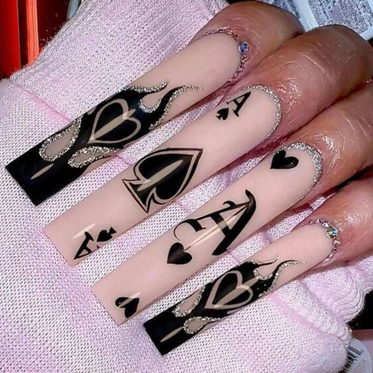 Glamorous Casino Inspired Extra Long Square Press On Nail Set in Black and Beige with Dazzling Heart and Flame Art