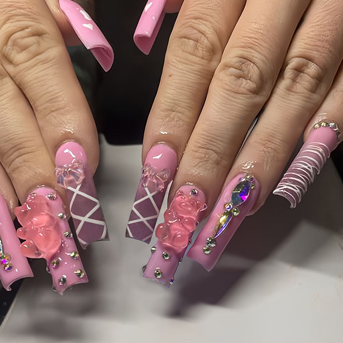 Sweet Dreamy Long Square Pink Press On Nail Set with Cute Bear Charms and Sparkling Embellishments