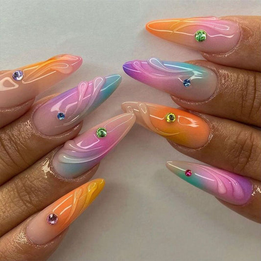 Dreamy Sunset Fantasy Long Stiletto Gradient Press On Nail Set with Colorful Gem Accents