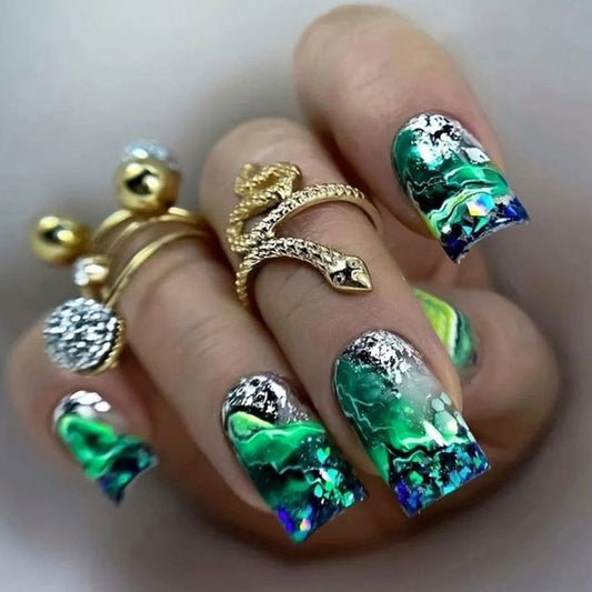 Mystical Forest Green Square Press On Nail Set Long Sparkling Emerald Design with Metallic Accents