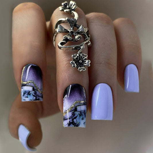 Mystical Garden Square Lavender and Black Marble Press On Long Nail Set with Gold Accents