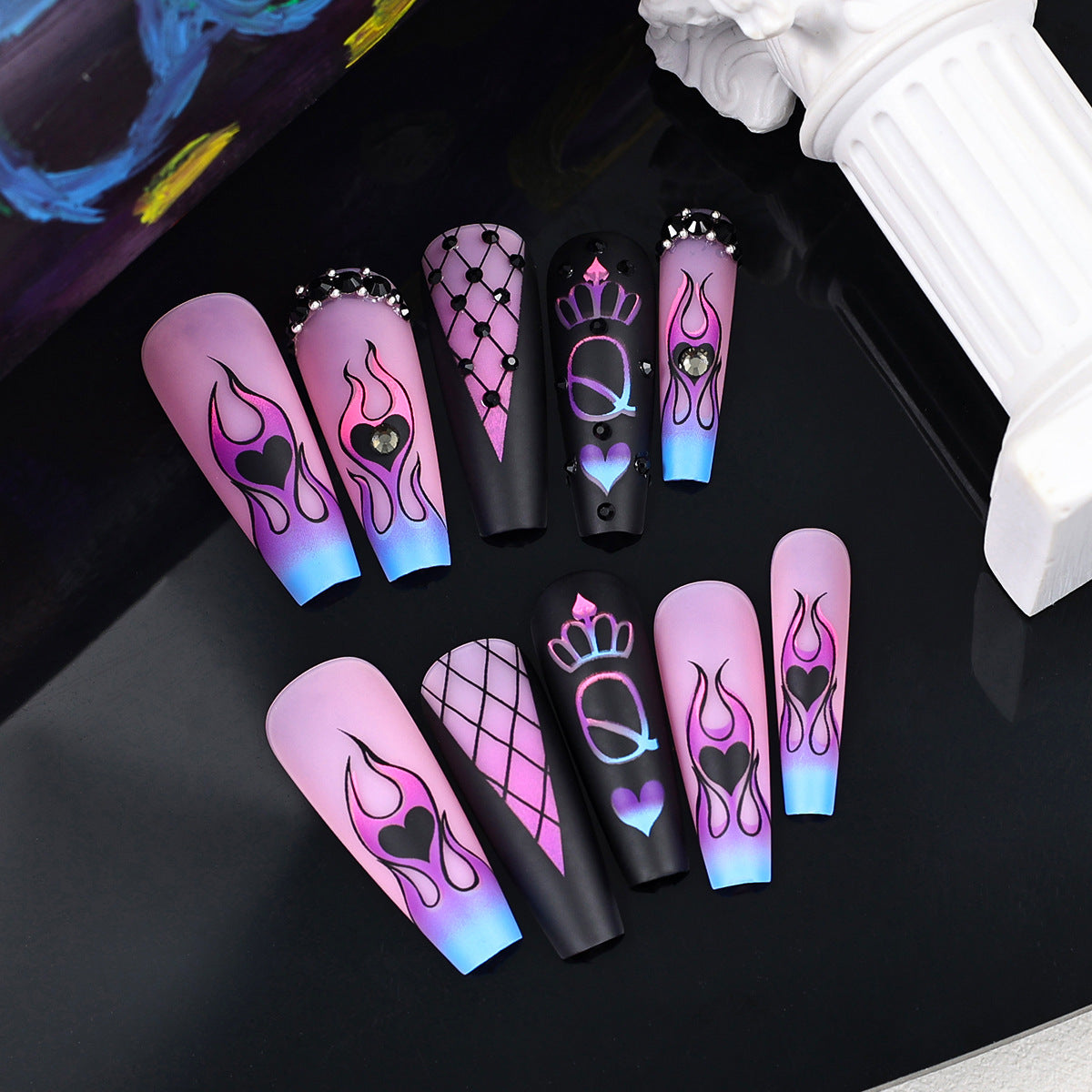 Glamour Flame Long Coffin Pink Ombre Press On Nail Set with Unique Heart and Crown Designs