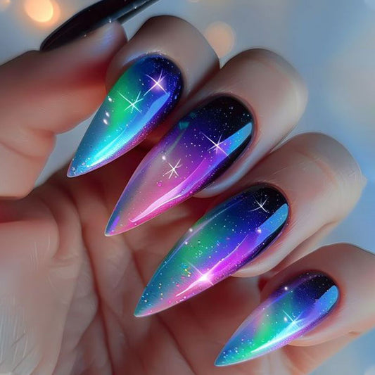 Galaxy Dream Long Stiletto Press On Nails Colorful Aurora Effect with Glitter Stars