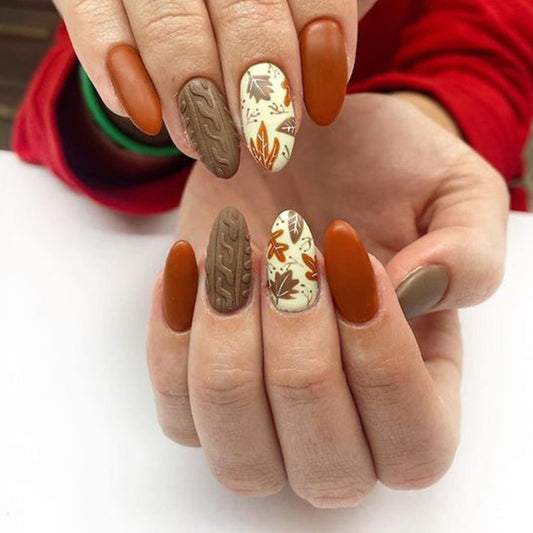 Autumn Elegance Long Almond Press On Nail Set in Warm Brown and Burnt Orange with Unique Leaf Print Design