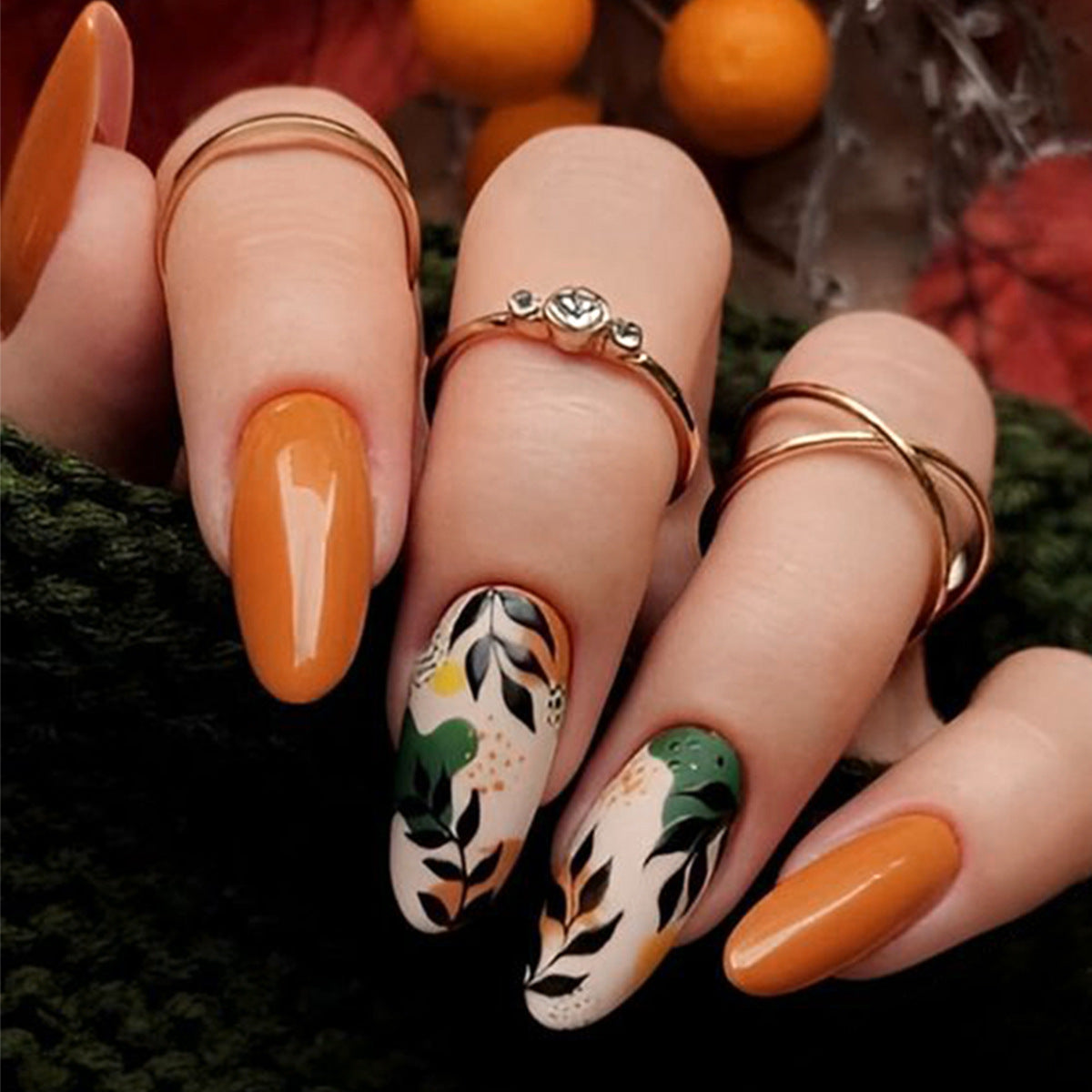 Autumn Garden Long Almond Orange Press On Nail Set with Unique Floral Design