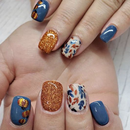 Autumn Elegance Round Press On Nail Set Medium Blue and Orange Glitter with Floral Design