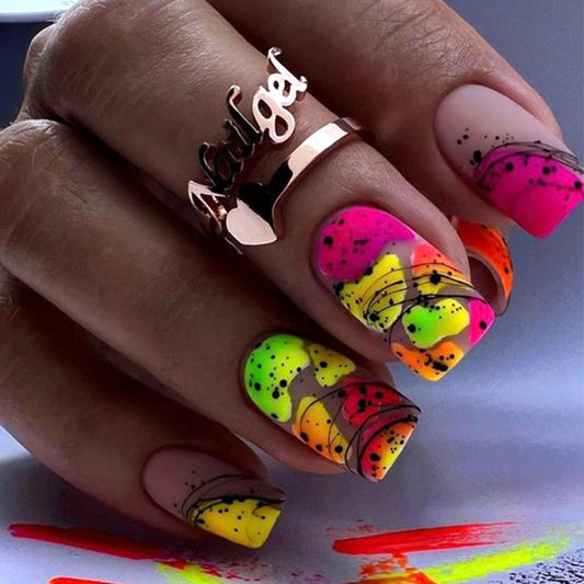 Vibrant Neon Fantasy Long Square Press On Nail Set in Multicolor with Artistic Splatter Design