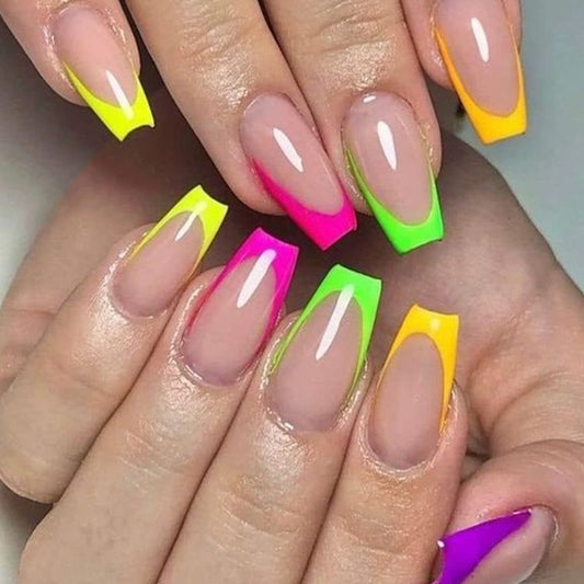 Neon Dreams Extra Long Coffin Press On Nail Set with Colorful French Tips and Glossy Finish