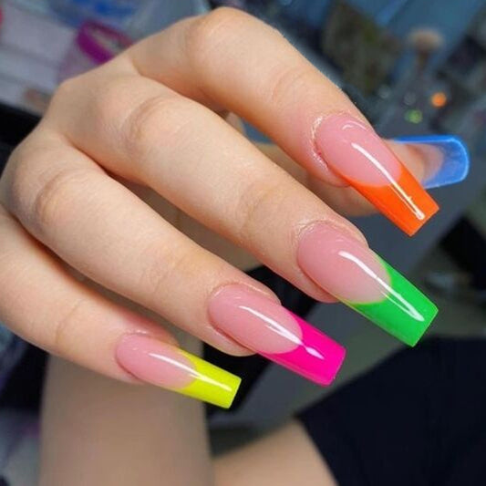 Neon Sunset Dream Extra Long Square Press On Nail Set in Pink Orange Green and Yellow with Ombre Fade Design