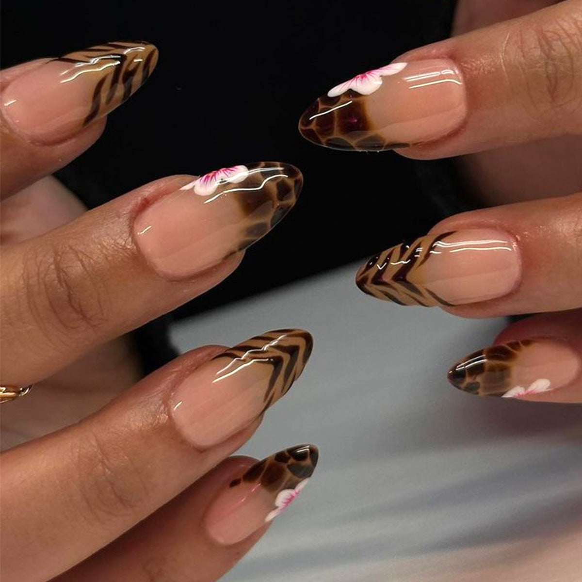 Tropical Elegance Long Almond Brown and Clear Gradient Press On Nail Set with Floral Accents