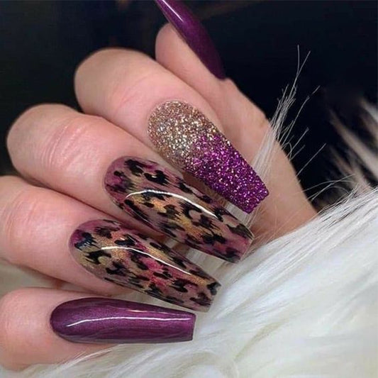 Glamorous Wildflower Long Coffin Burgundy and Glitter Leopard Pattern Press on Nail Set