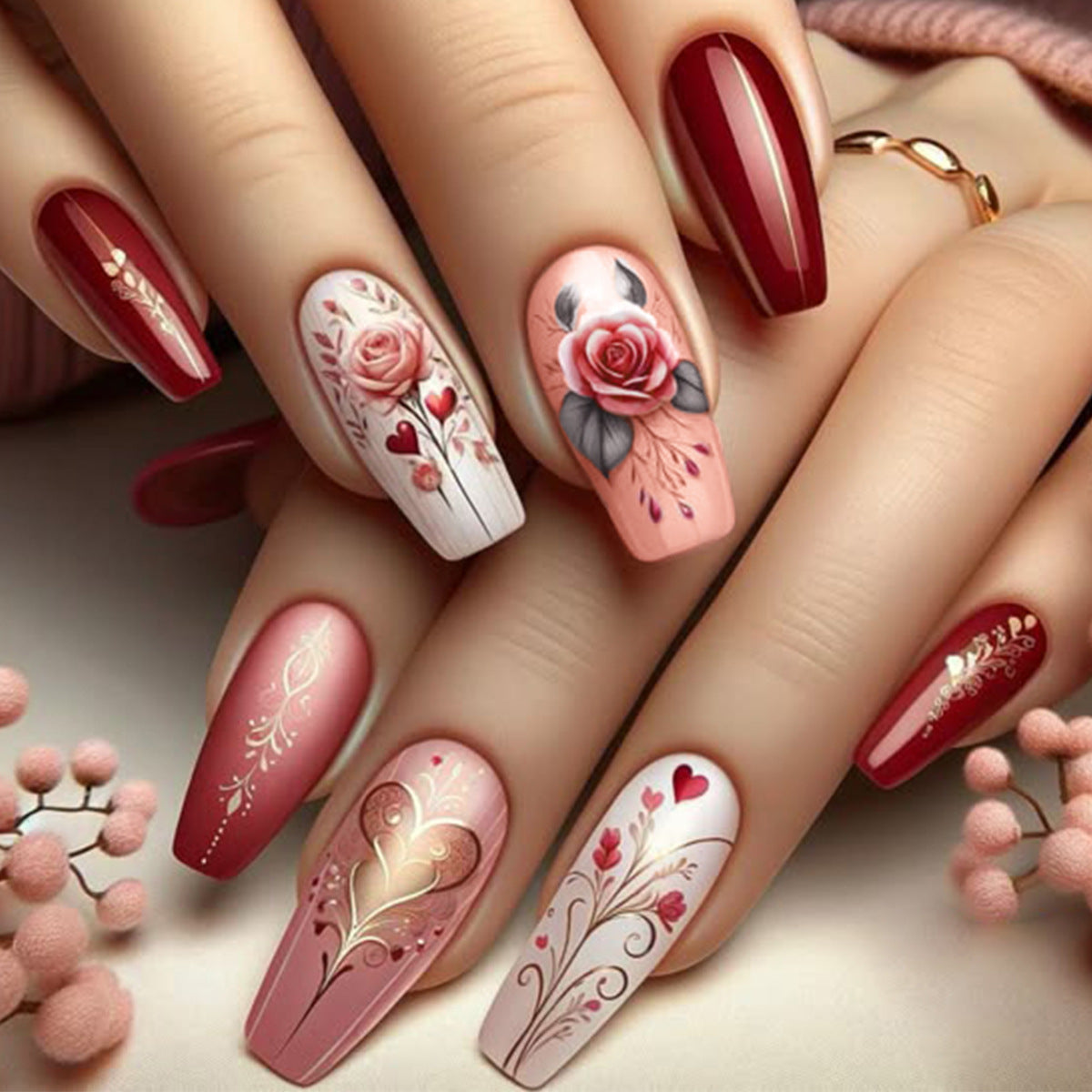 Romantic Blossom Long Coffin Red and Pink Nail Set with Floral Designs