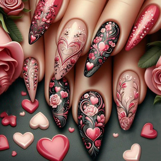 Romantic Blossom Long Almond Pink and Black Nail Set with Floral Detailing