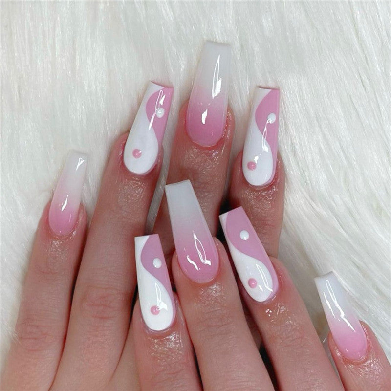 Dreamy Pastel Coffin Long Ombre Pink and White Press On Nail Set with Unique Swirl Design and Dots