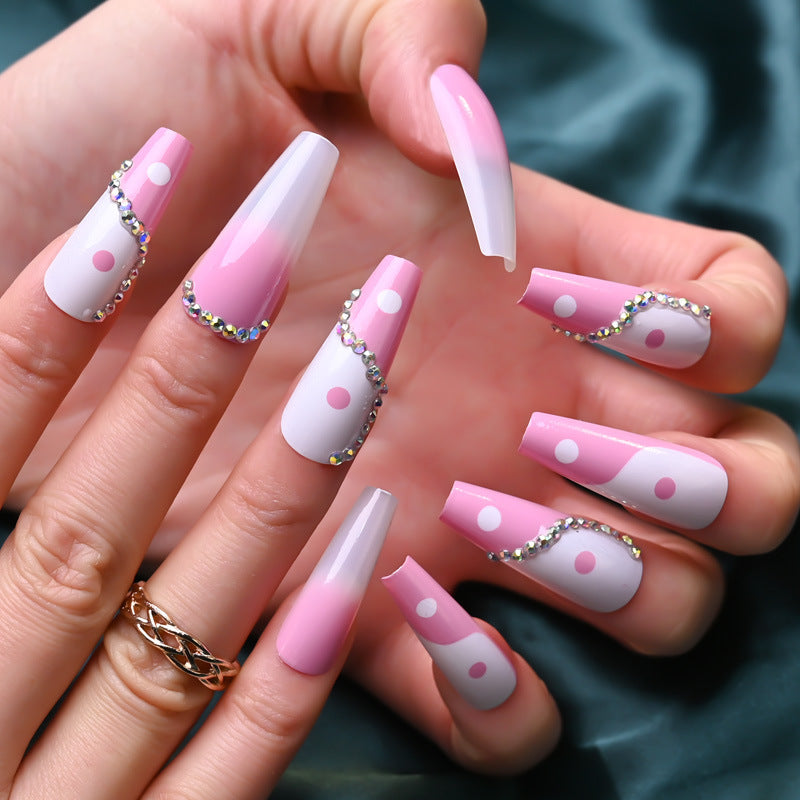 Chic Pastel Fantasy Long Coffin Pink Ombre Press On Nail Set with Elegant Rhinestone Accents