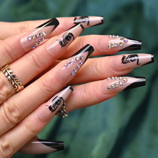 Gothic Glam Long Coffin Press On Nails in Beige and Black with Rhinestone Accents