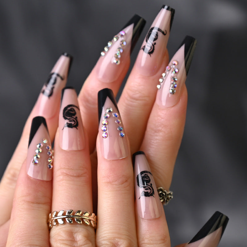 Glamorous Scorpion Themed Long Coffin Press On Nails Pink Black with Rhinestones and Intricate Designs