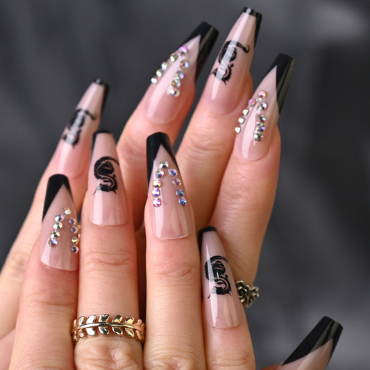 Glamorous Scorpion Themed Long Coffin Press On Nails Pink Black with Rhinestones and Intricate Designs