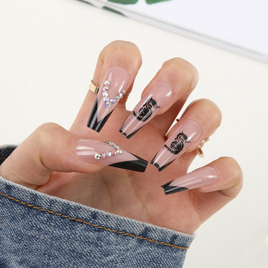 Vogue Glam Long Coffin Beige and Black Crystal Letter Design Press-On Nail Set