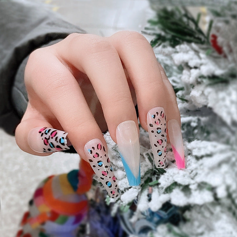 Vibrant Jungle Inspired Long Coffin Press On Nails in Clear Pink and Blue with Wild Leopard Print Design