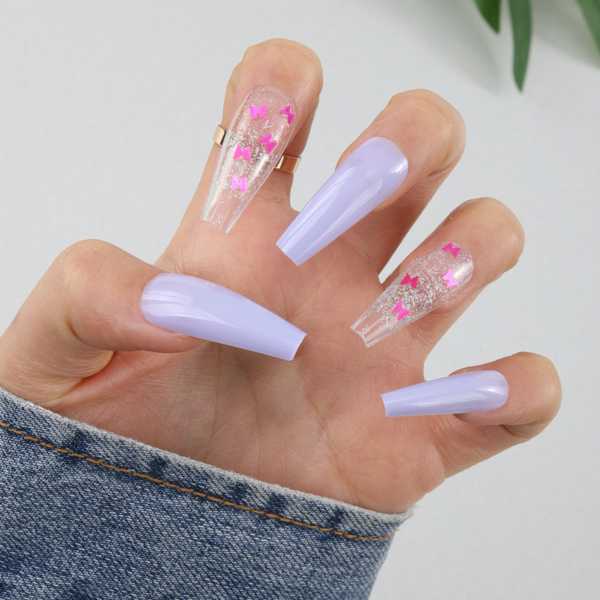 Butterfly Dreams Coffin Lavender Press On Long Nail Set with Glitter and Pink Butterfly Accents