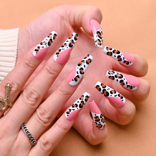 Savannah Chic Long Coffin Press On Nails Pink and White with Leopard Print Design for Stylish Nail Art