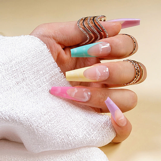 Dreamy Pastel Long Coffin Press On Nail Set Multi-Color Ombre with Cloud Design