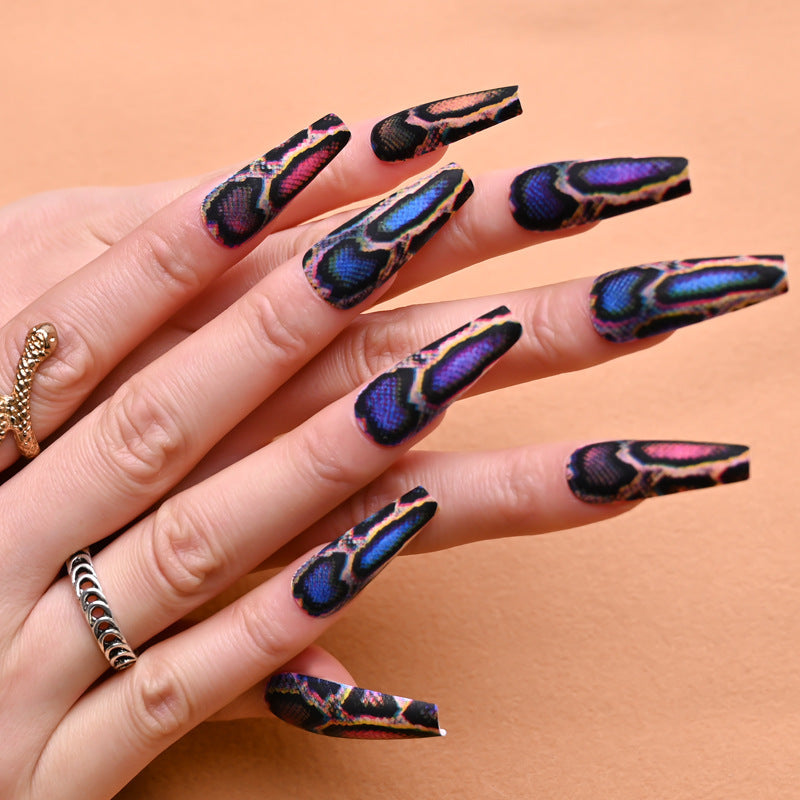 Exotic Viper Long Coffin Multicolor Snake Print Press-On Nail Set