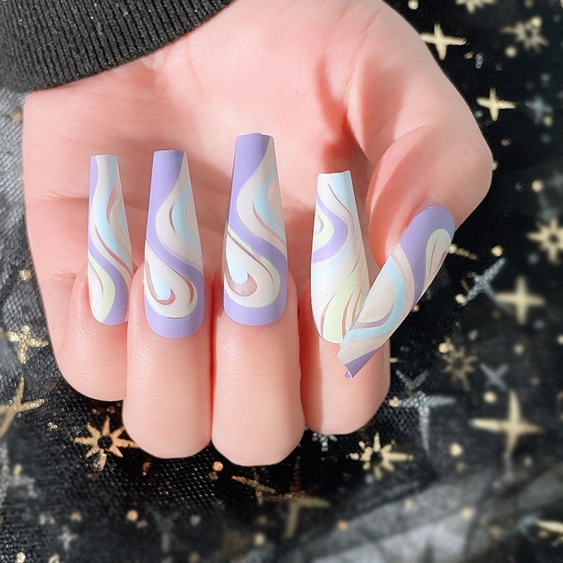 Cosmic Dream Long Coffin Lavender Blue Press On Nail Set with Swirled Pastel Design