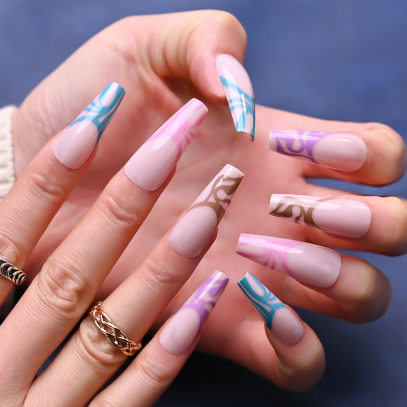 Bohemian Bliss 12 Long Coffin Shaped Pink and Blue Abstract Press On Nail Set