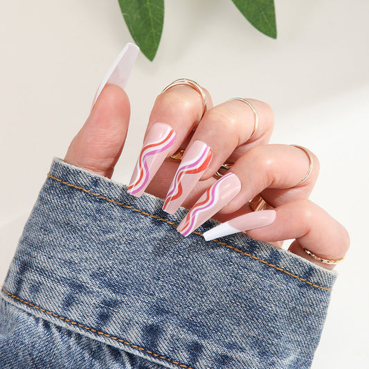 Retro Vibes Extra Long Coffin Press On Nail Set in Pastel Pink with Colorful Swirl Design