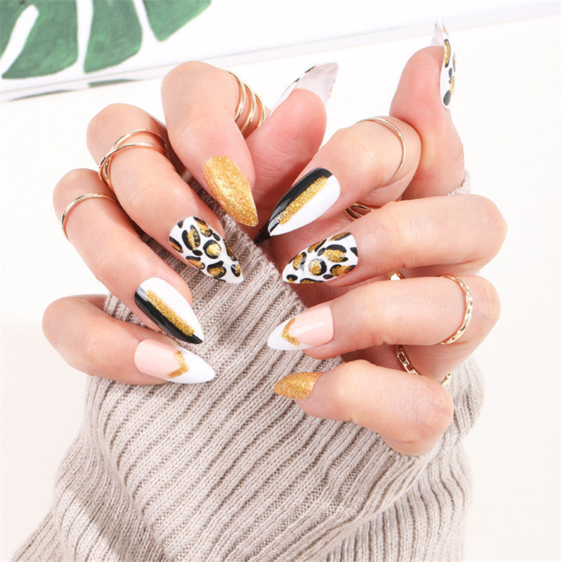 Wildlife Glamour Long Almond Press On Nails Black White Gold Leopard Print