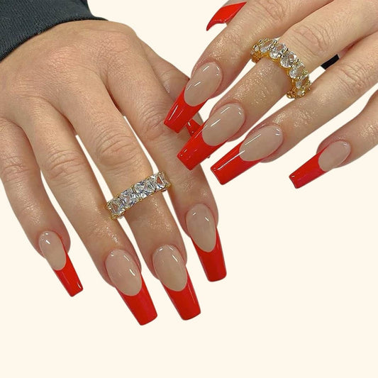 Glamorous Sunset Long Coffin Red Ombre Press On Nail Set with Rhinestone Accents