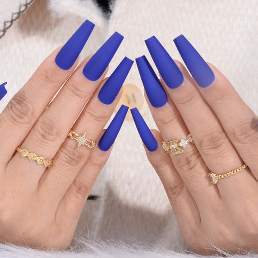 Royal Elegance Long Coffin Blue Matte Press On Nail Set with Unique Texture Finish