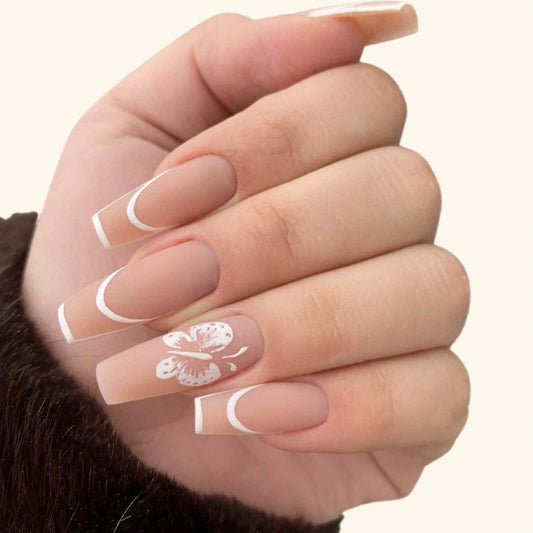 Floral Elegance Long Coffin Beige Press On Nail Set with White French Tips and Butterfly Design