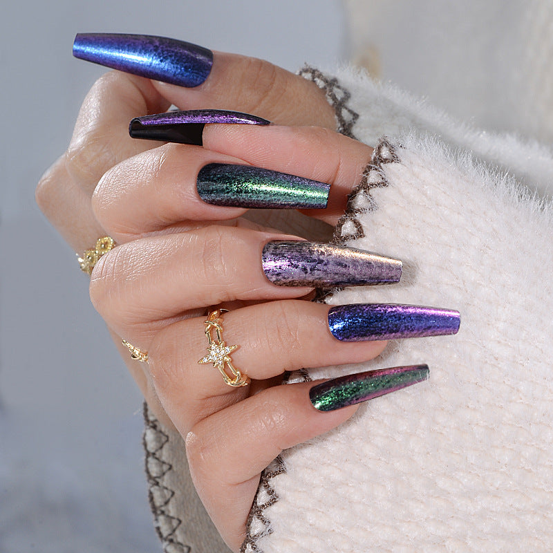 Mystical Galaxy Long Coffin Shape Iridescent Purple and Green Press On Nail Set with Unique Color Shift Effect