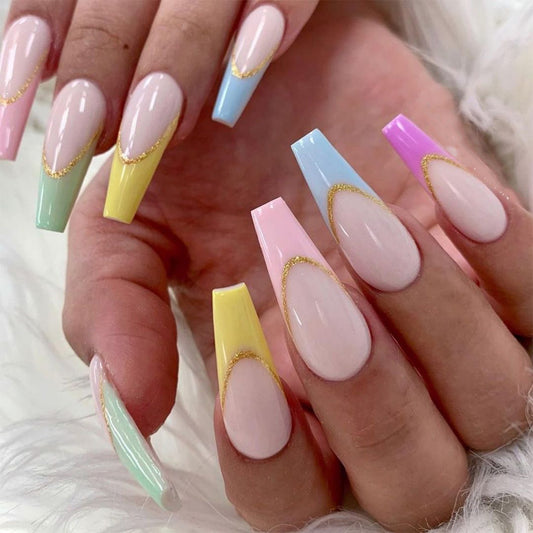 Pastel Dreams Long Coffin Press On Nail Set in Rainbow Colors with Elegant Gold Accent