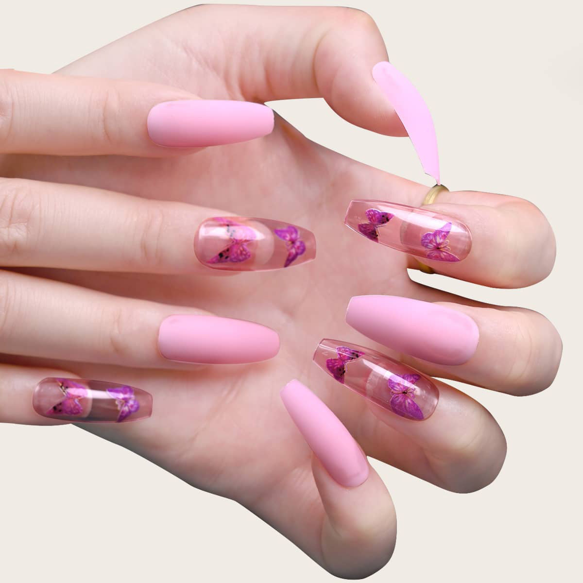 Floral Elegance Extra Long Coffin Shape Matte Pink Press On Nail Set with Transparent Accent and Butterfly Inclusions